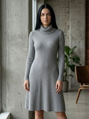 EUC Robbie Bee Size Medium Gray Ribbed Cowl Neck Sweater Dress!!